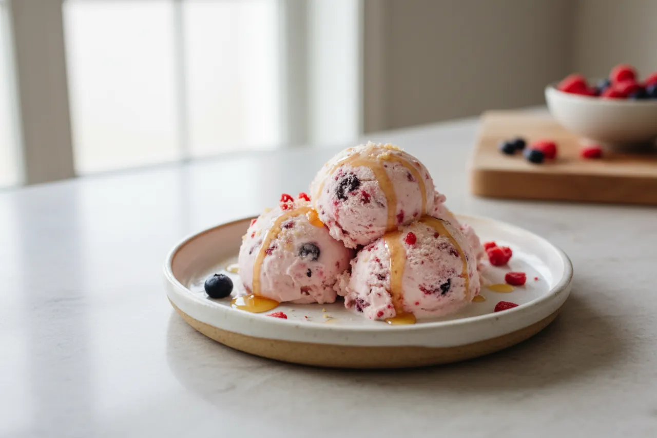 Cottage Cheese Ice Cream — American recipe, finished and plated