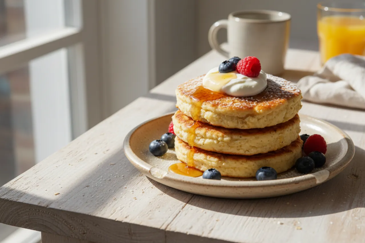 Cottage Cheese Pancakes — a high-protein vegetarian american recipe with about 5g of fiber
