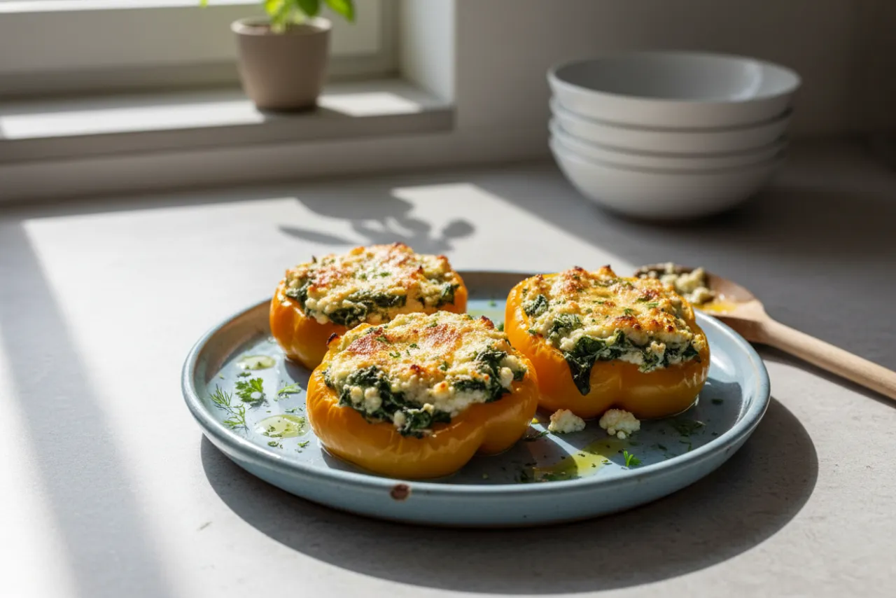 Cottage Cheese Stuffed Peppers — a high-protein low-carb mediterranean recipe with about 3g of fiber