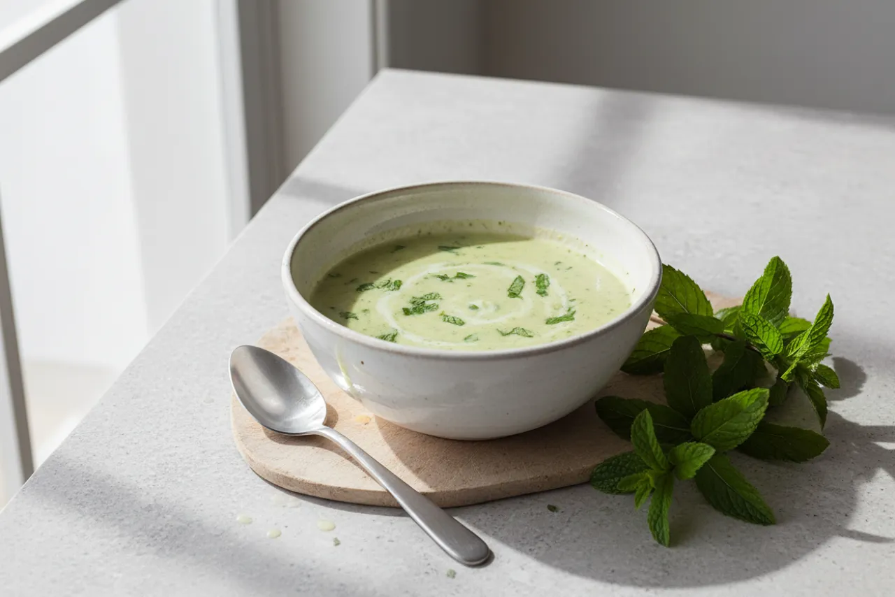 Zucchini & Mint Soup — Mediterranean recipe, finished and plated