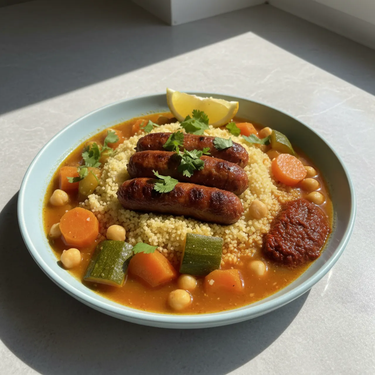 Couscous with Merguez — a Mediterranean dinner mediterranean recipe with about 14g of fiber