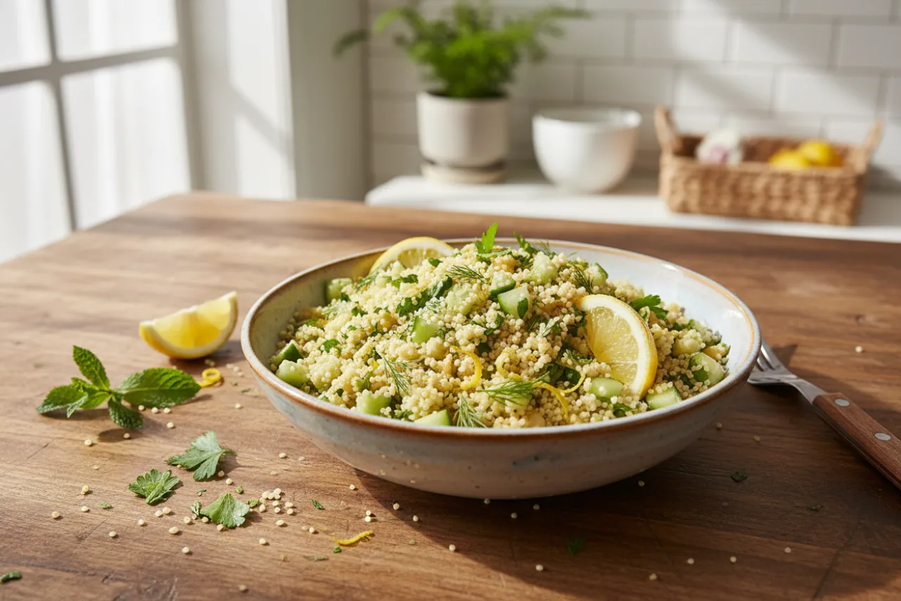 Lemon Herb Couscous Salad — Mediterranean recipe, finished and plated
