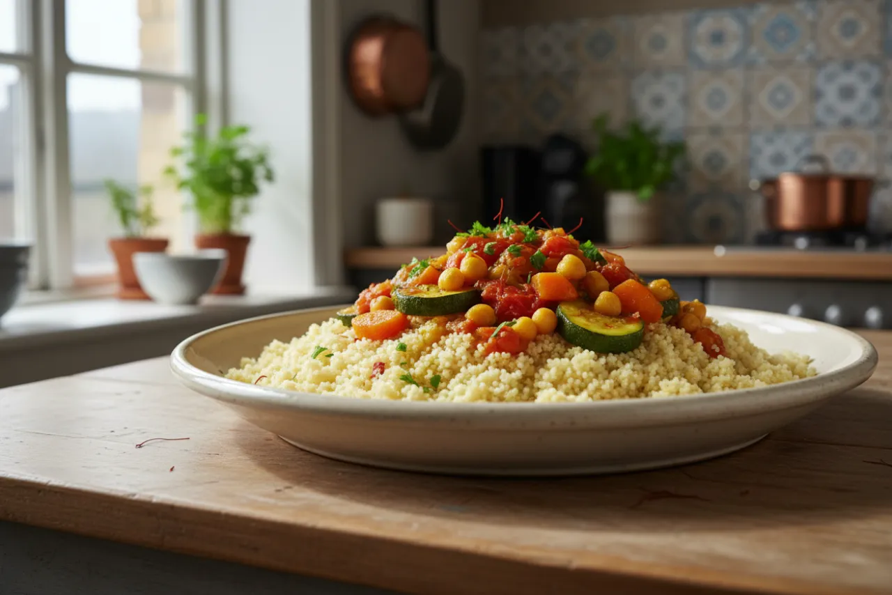 Seven-Vegetable Couscous — a vegetarian Mediterranean mediterranean recipe with about 16g of fiber
