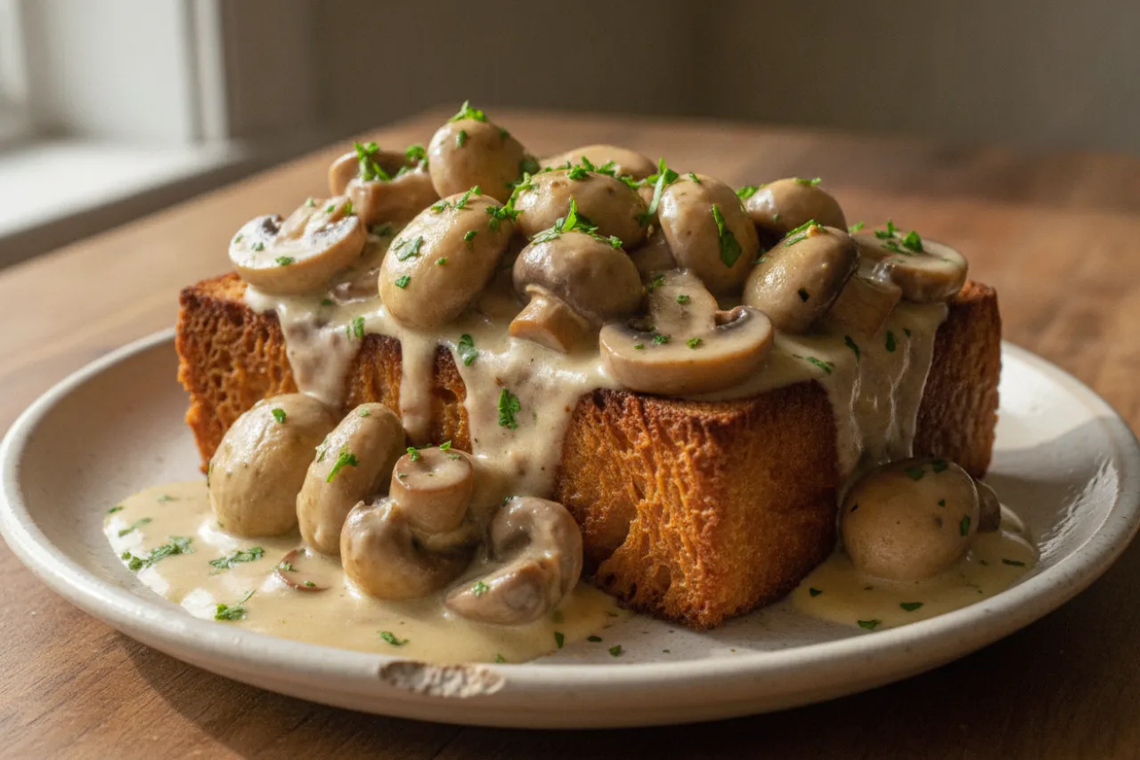Creamy Mushrooms on Toast — British recipe, finished and plated