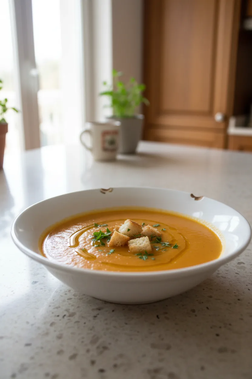Crema Sevillana (Velvety Carrot Potato Soup) — Spanish recipe, finished and plated