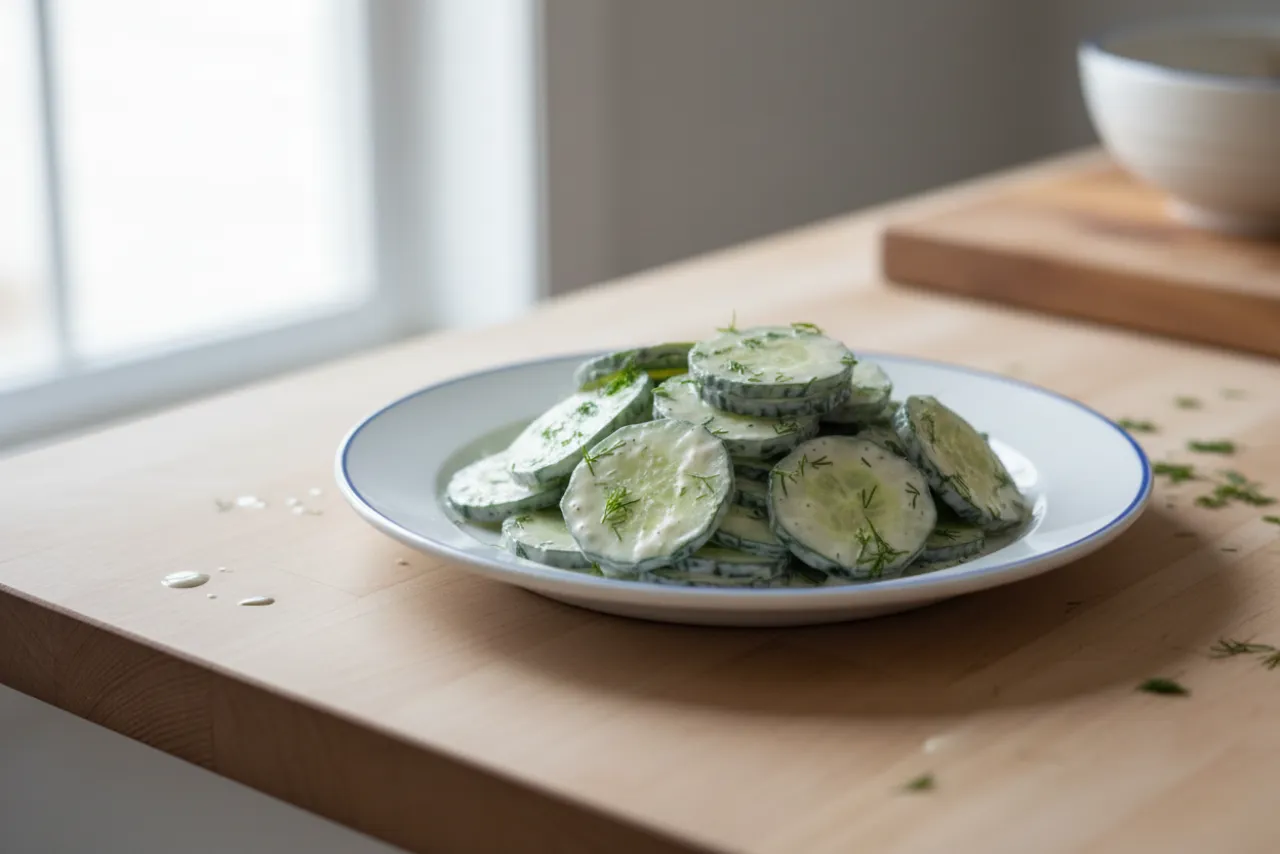 Creamy Cucumber Dill Salad — American recipe, finished and plated