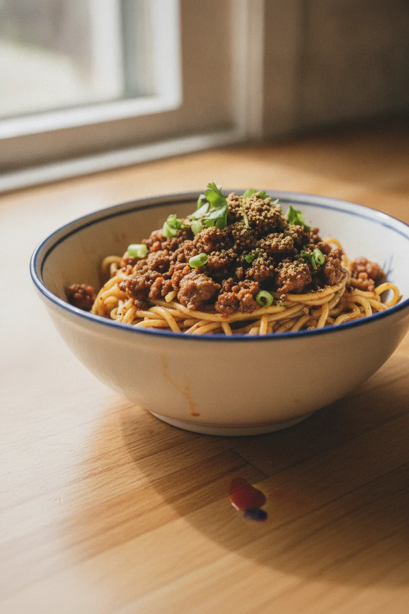 Dry Dan Dan Noodles — Chinese recipe, finished and plated