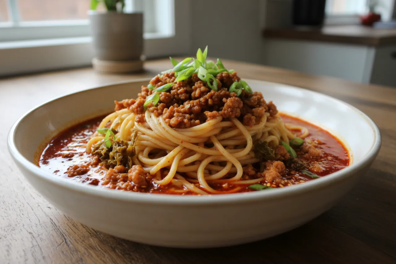 Dan Dan Noodles — a high-protein pasta chinese recipe with about 1g of fiber