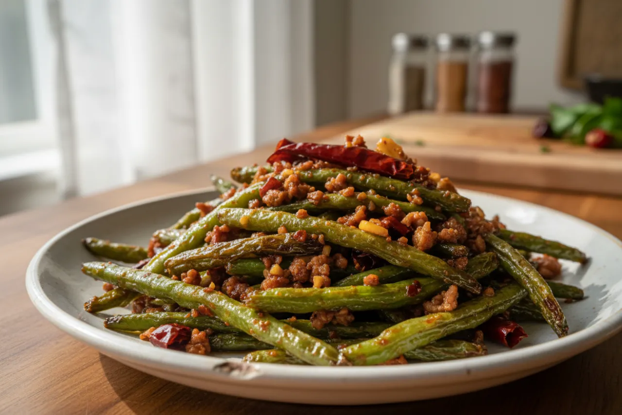 Dry-Fried Green Beans — Chinese recipe, finished and plated