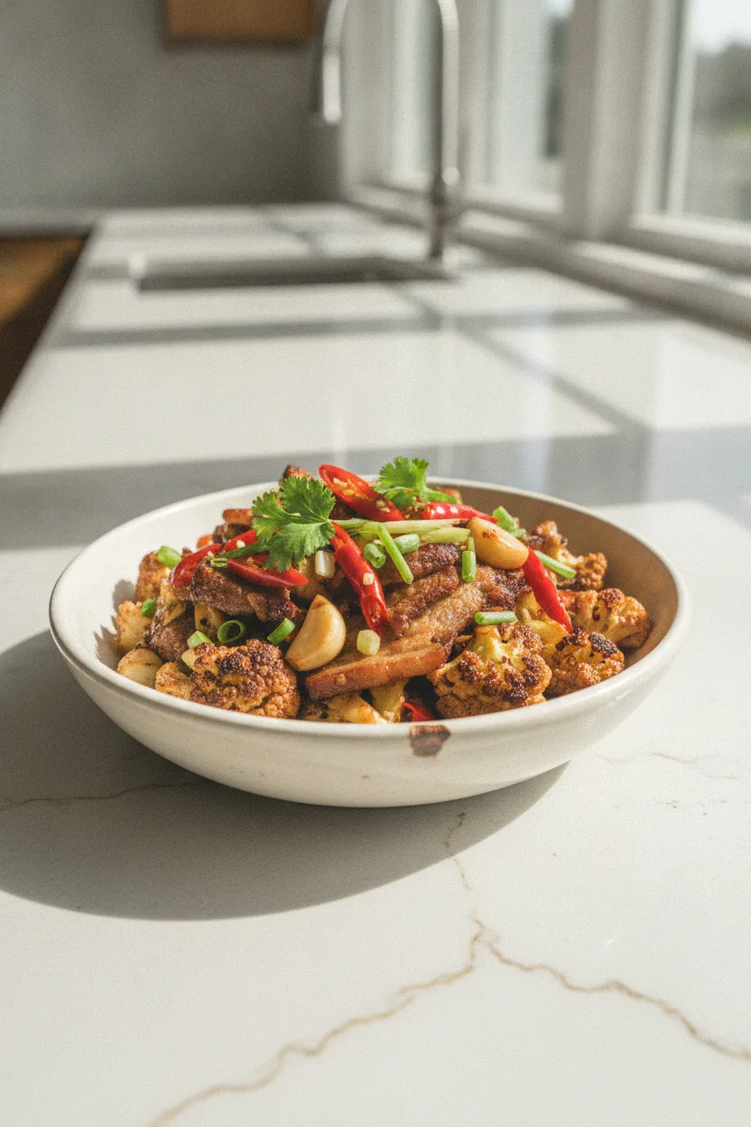 Dry Pot Cauliflower — Chinese recipe, finished and plated