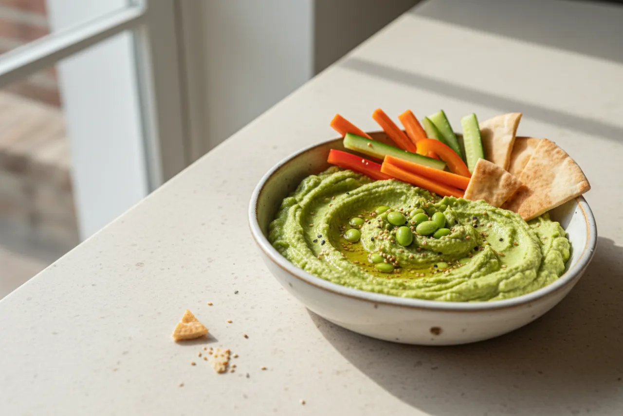 Edamame Hummus — a anti-inflammatory dinner middle eastern recipe with about 4g of fiber