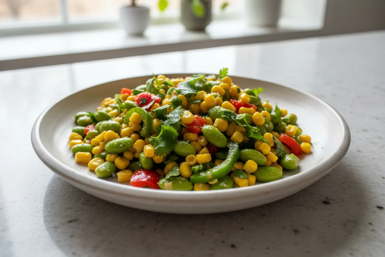Edamame Succotash — American recipe, finished and plated