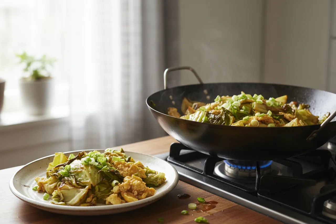 Stir-Fried Cabbage with Eggs — Chinese recipe, finished and plated