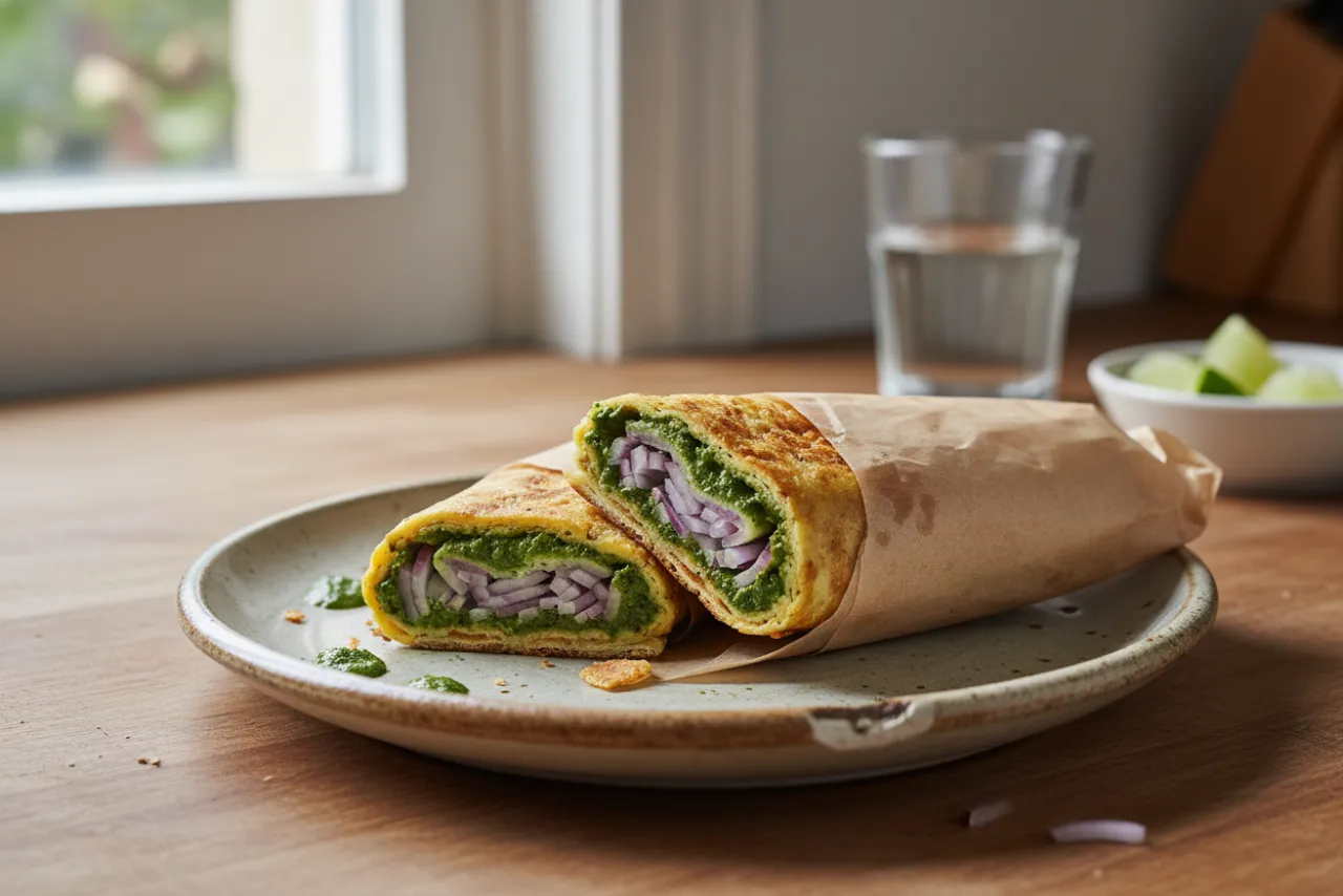 Egg Kathi Roll — Indian recipe, finished and plated