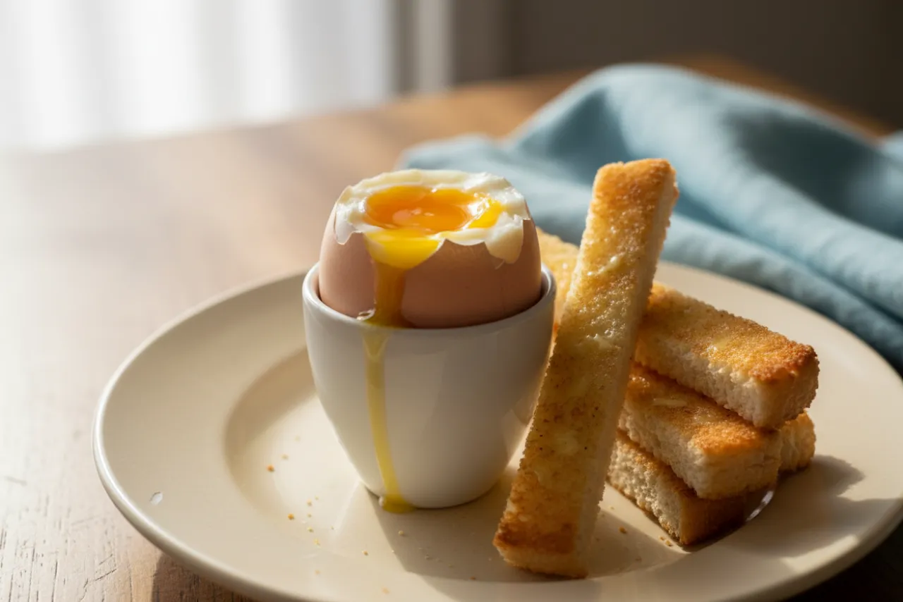 Soft-Boiled Eggs & Soldiers — British recipe, finished and plated