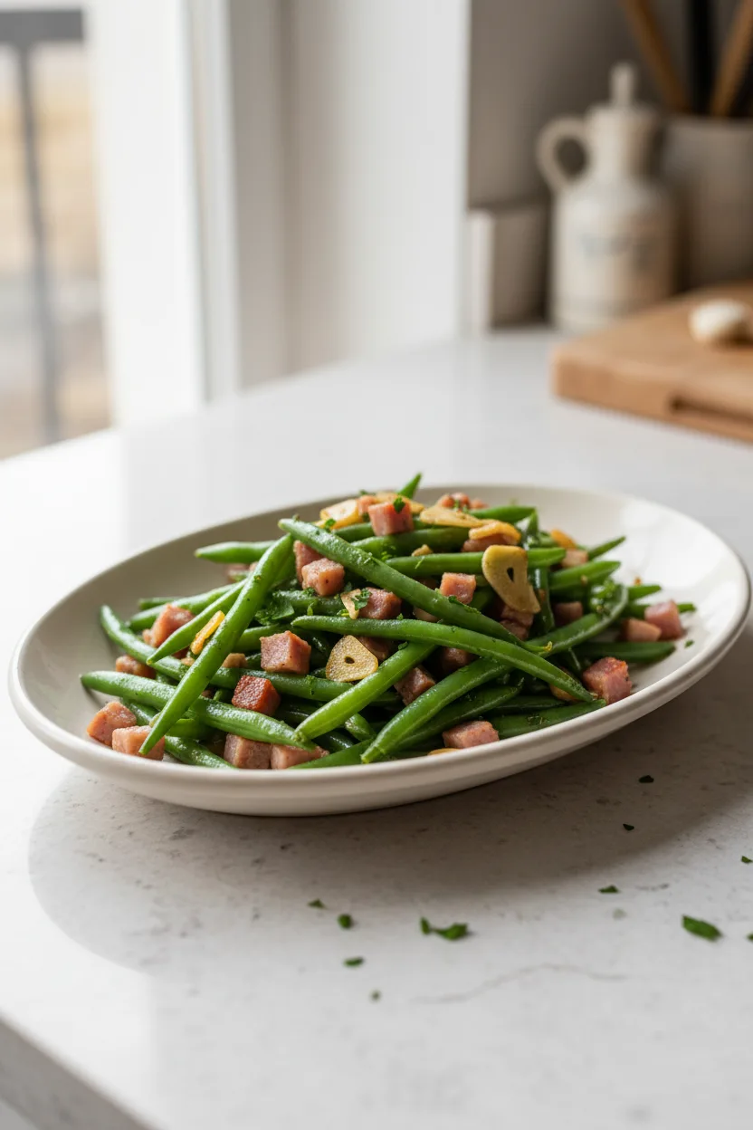 Green Beans with Jamon — Spanish recipe, finished and plated