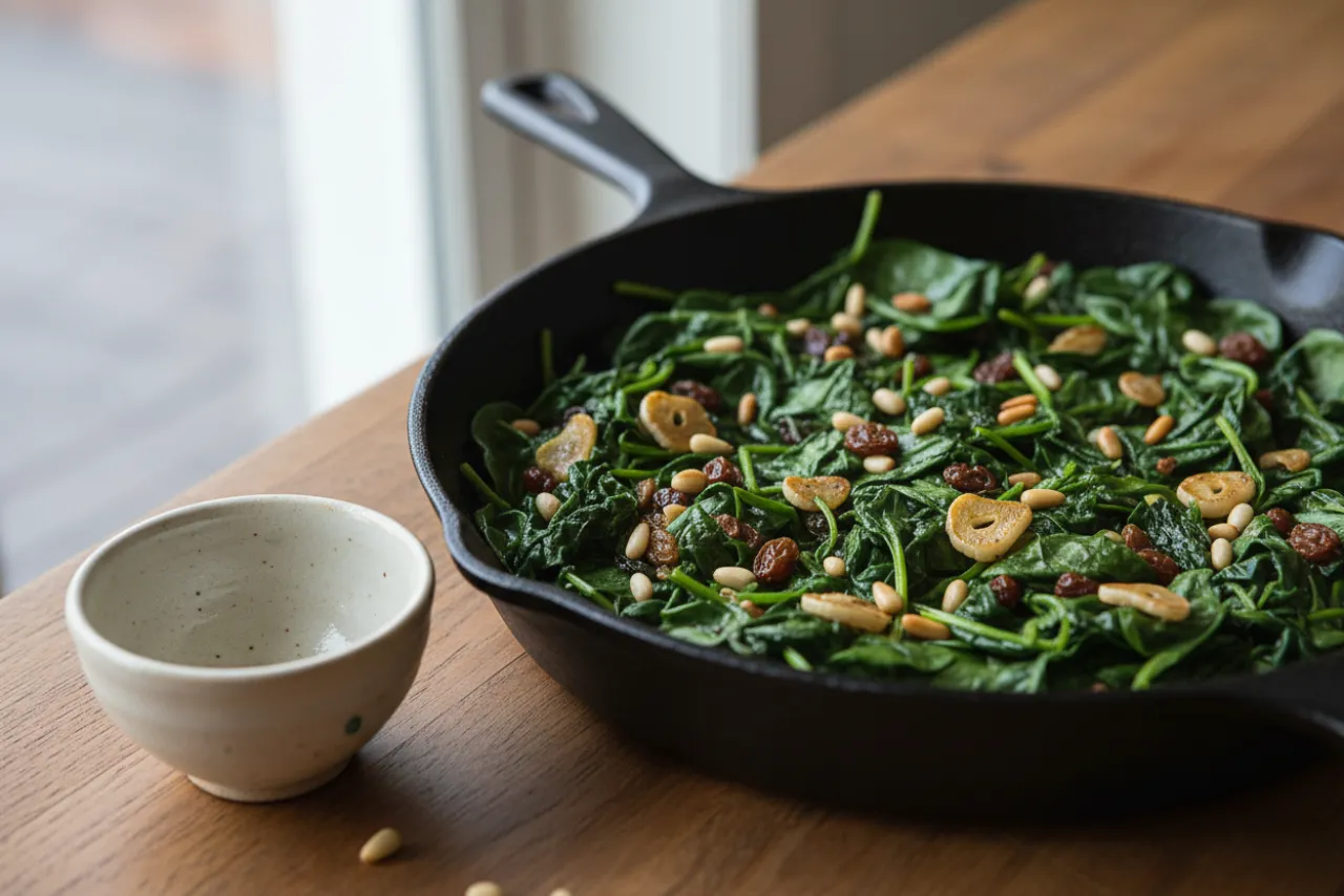 Garlic Spinach Saute — Spanish recipe, finished and plated