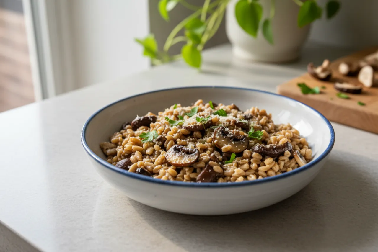 Farro & Mushroom Farrotto — a healthy Italian italian recipe with about 9g of fiber