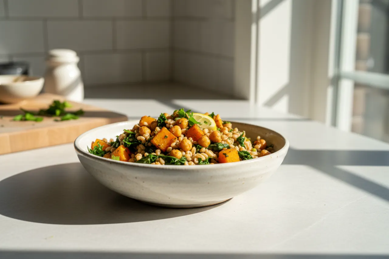 Farro & Roasted Vegetable Bowl — a high-protein vegan mediterranean recipe with about 19g of fiber