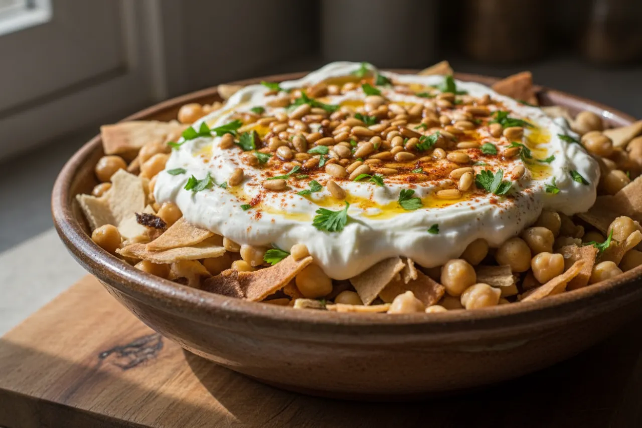 Fatteh — a high-fiber high-protein breakfast middle eastern recipe with about 12g of fiber