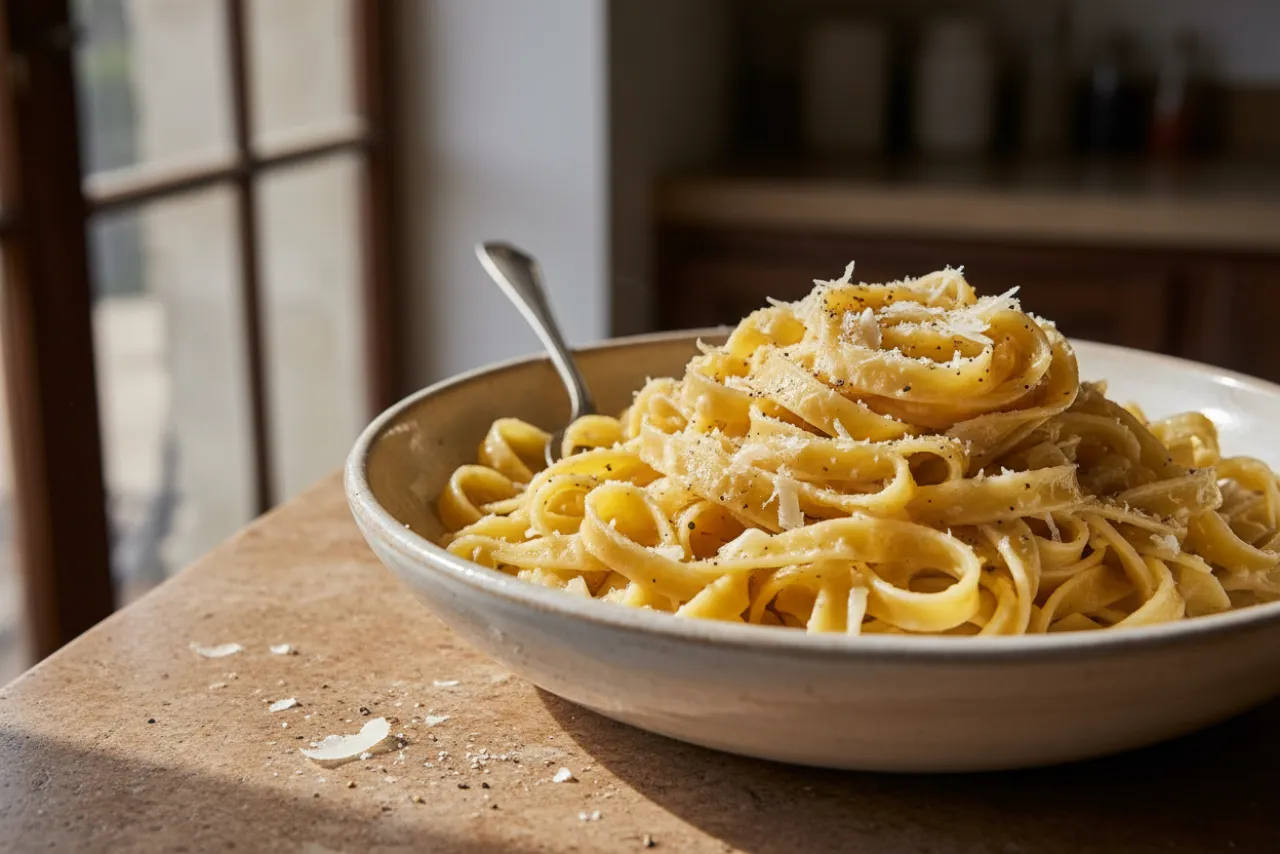 Fettuccine Alfredo — a high-protein vegetarian italian recipe with about 3g of fiber