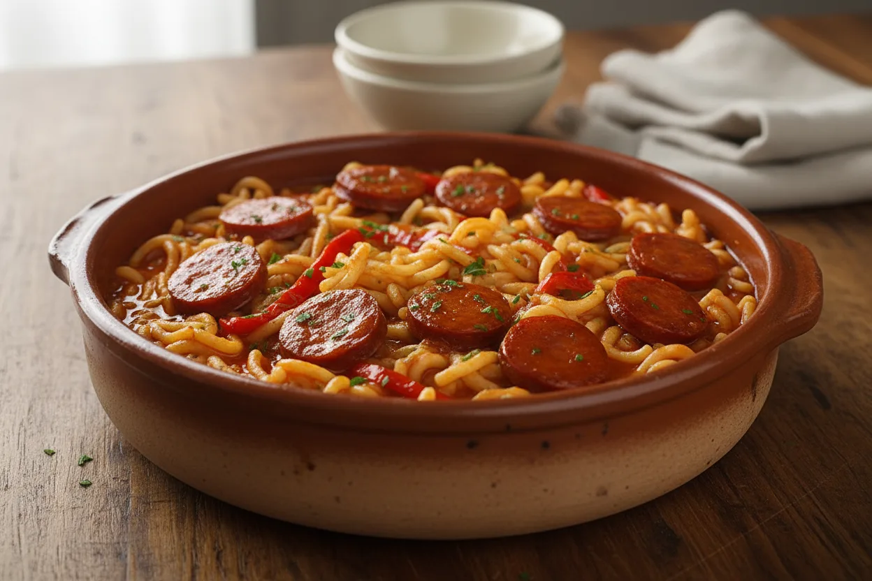 Fideos a la Cazuela — Spanish recipe, finished and plated