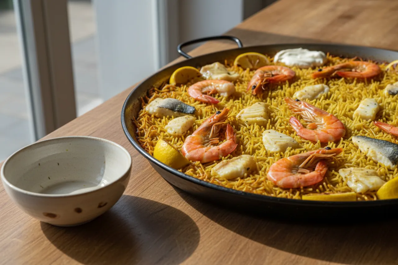 Fideua — a high-protein dinner spanish recipe with about 1g of fiber