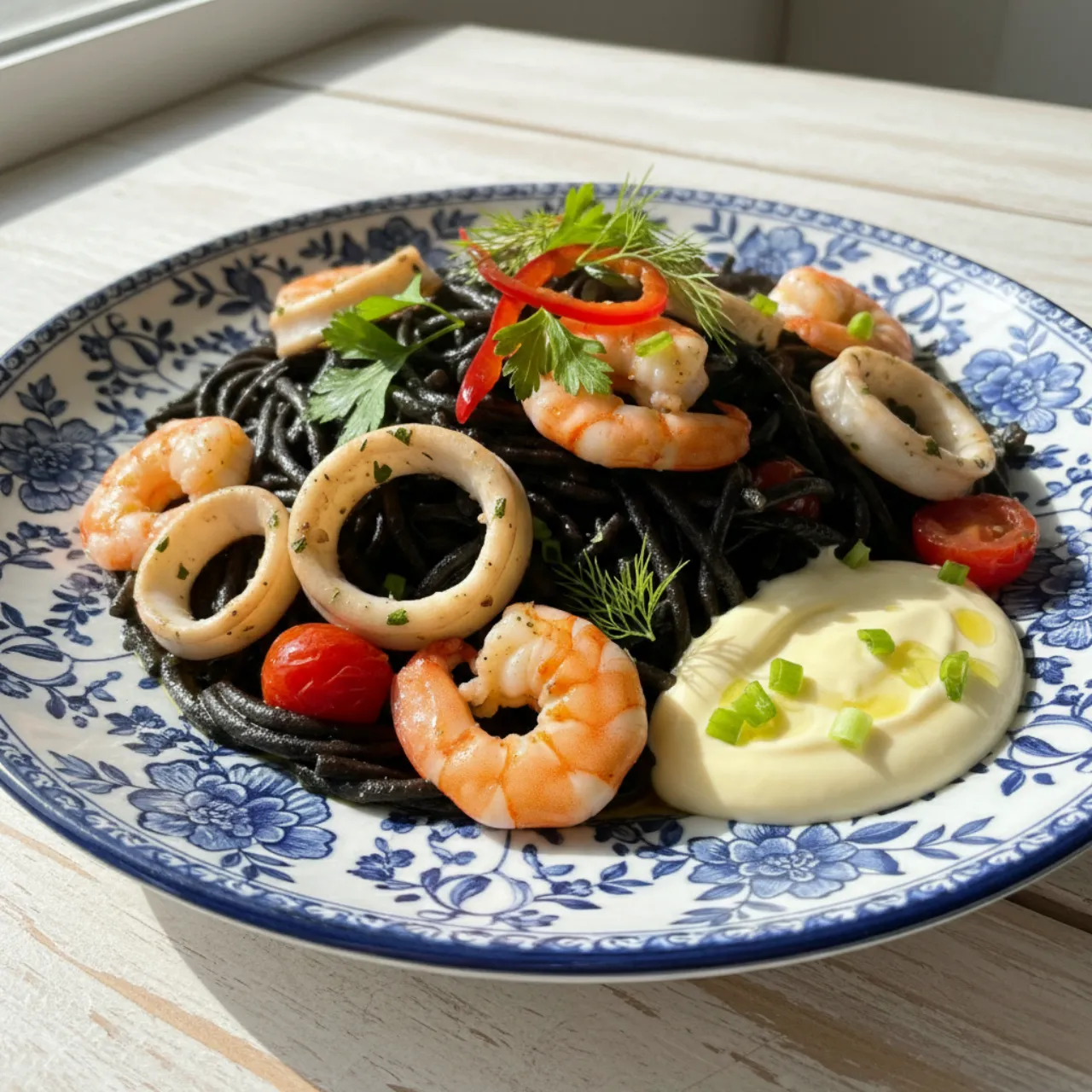 Fideua Negra — a high-protein lunch spanish recipe with about 1g of fiber