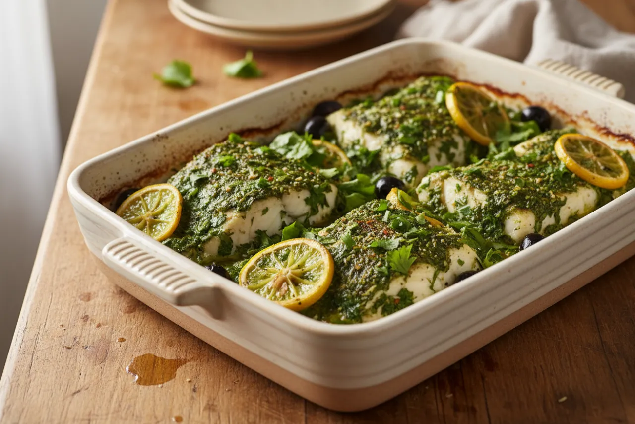 Hout bi Chermoula (Moroccan Chermoula Baked Fish) — a high-protein low-calorie mediterranean recipe with about 2g of fiber