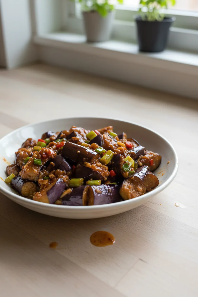 Yu Xiang Qiezi (Fish-Fragrant Eggplant) — Chinese recipe, finished and plated