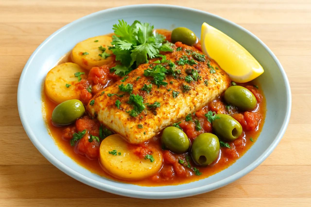 Fish Tagine — a high-protein low-calorie mediterranean recipe with about 5g of fiber