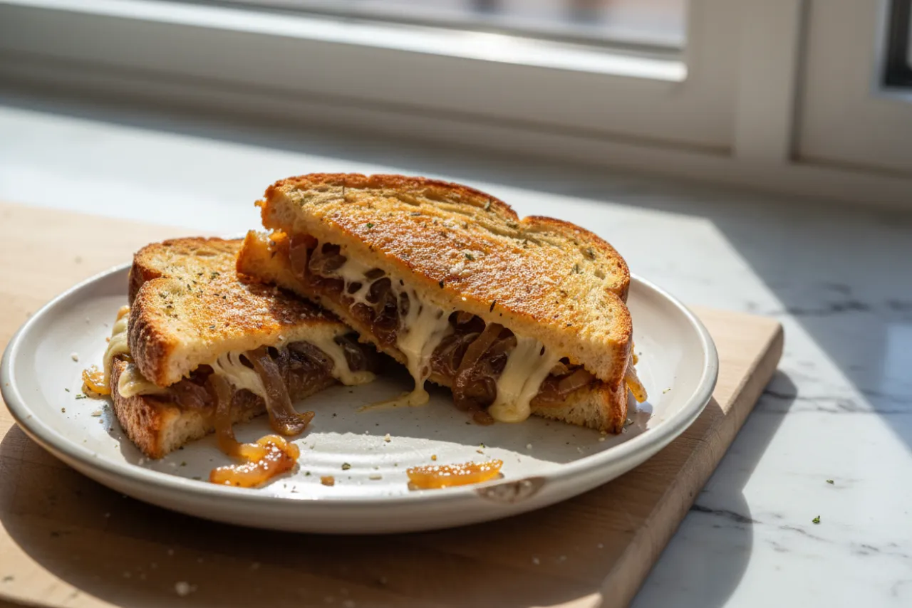 French Onion Grilled Cheese — a dinner for two american recipe with about 4g of fiber