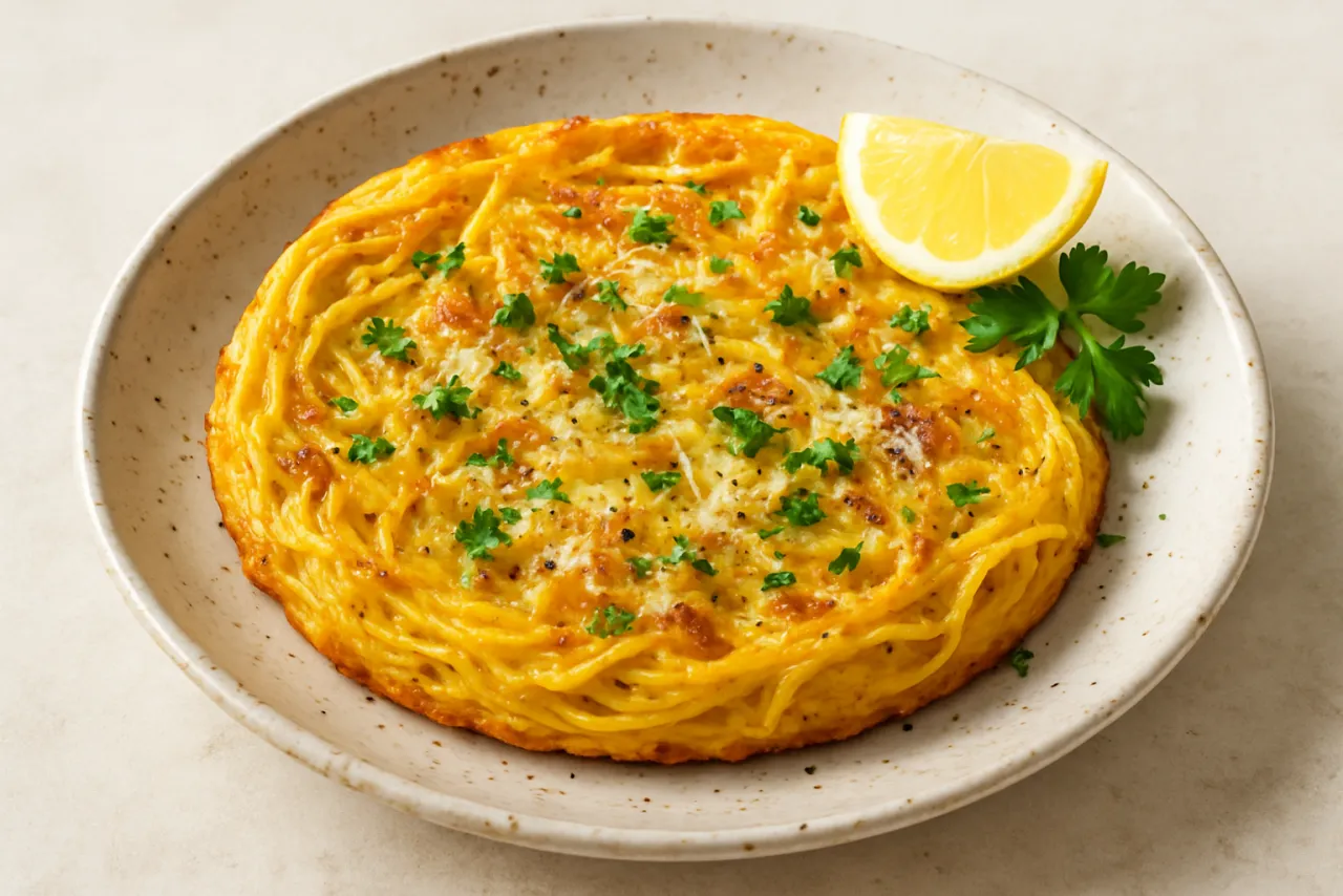 Frittata di Pasta — a Mediterranean breakfast italian recipe with about 2g of fiber