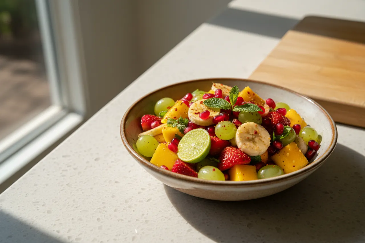 Fruit Chaat — Indian recipe, finished and plated