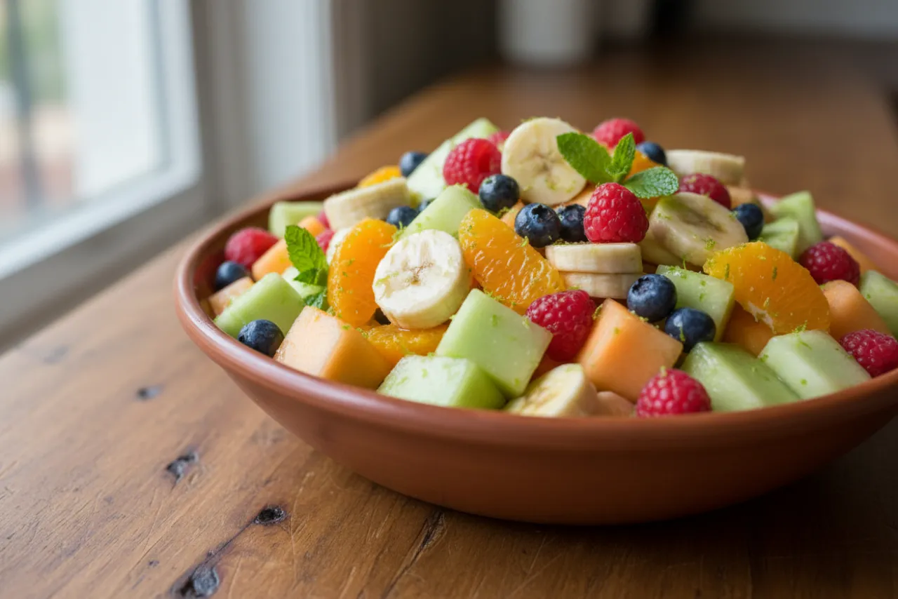 Fruit Salad with Honey-Lime Dressing — American recipe, finished and plated