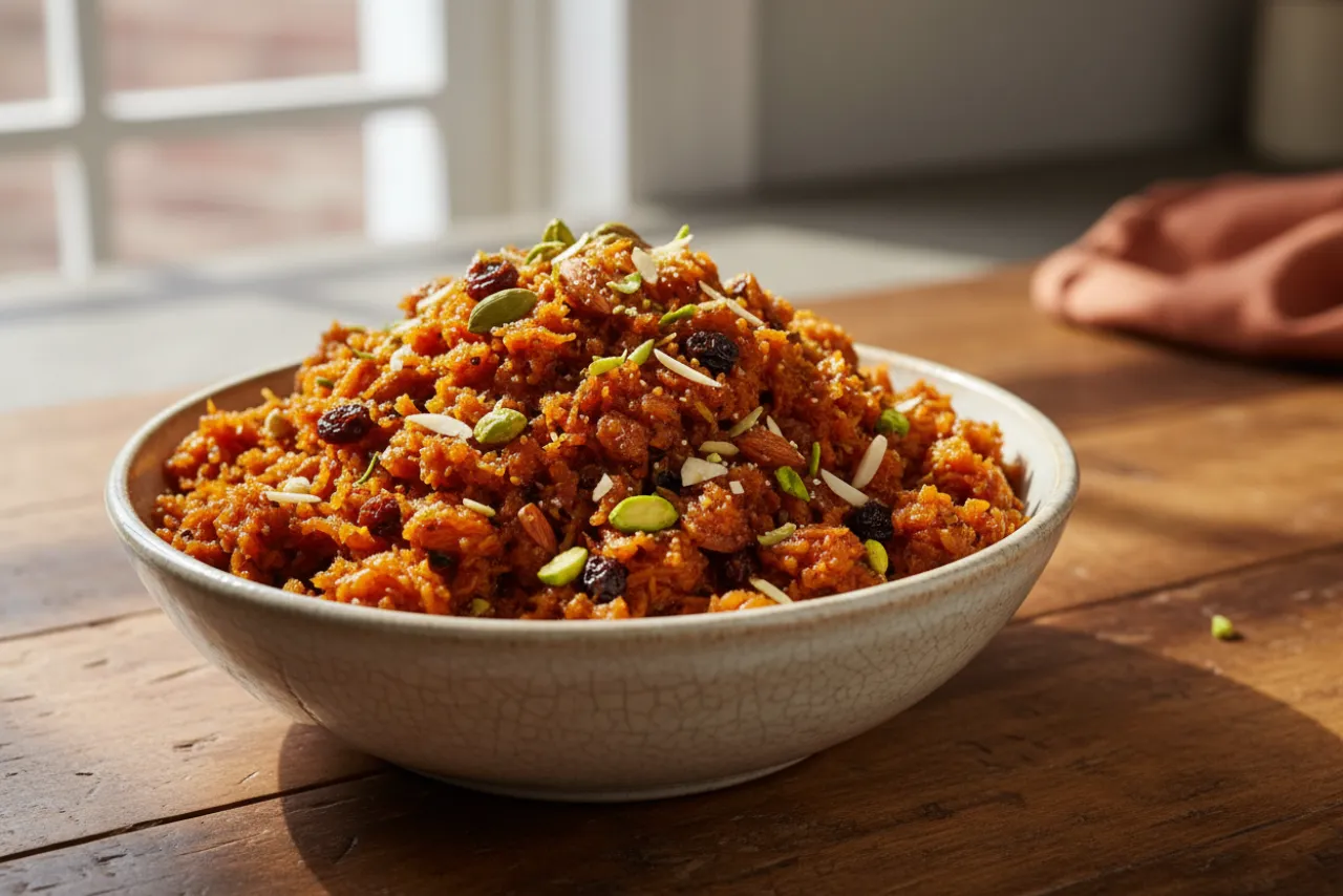 Gajar ka Halwa — Indian recipe, finished and plated