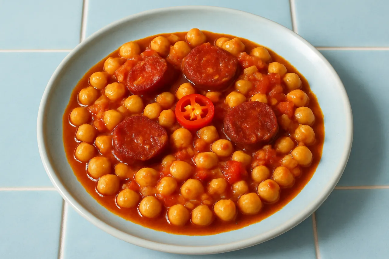 Garbanzos con Chorizo — a high-protein dinner spanish recipe with about 18g of fiber