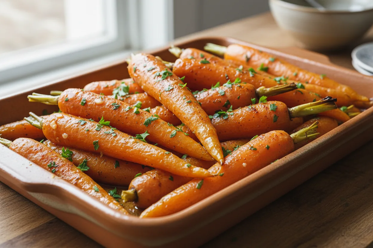 Honey-Garlic Roasted Carrots — American recipe, finished and plated
