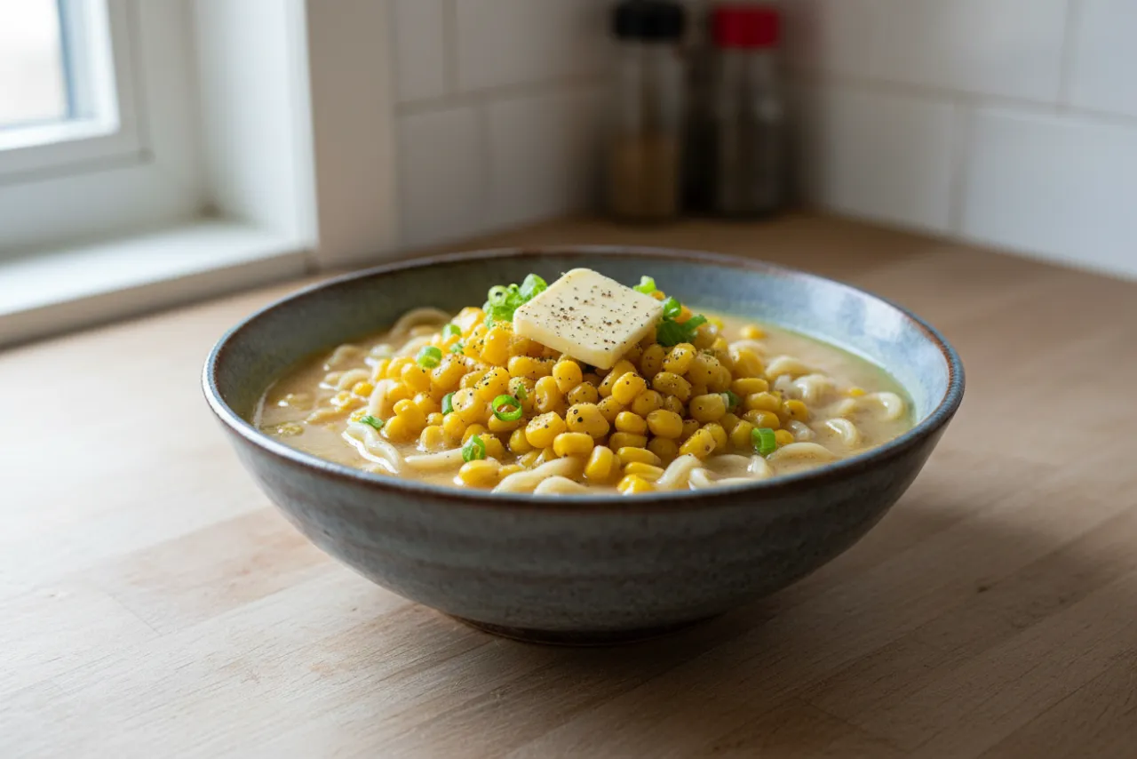 Garlic Butter Corn Ramen — Japanese recipe, finished and plated