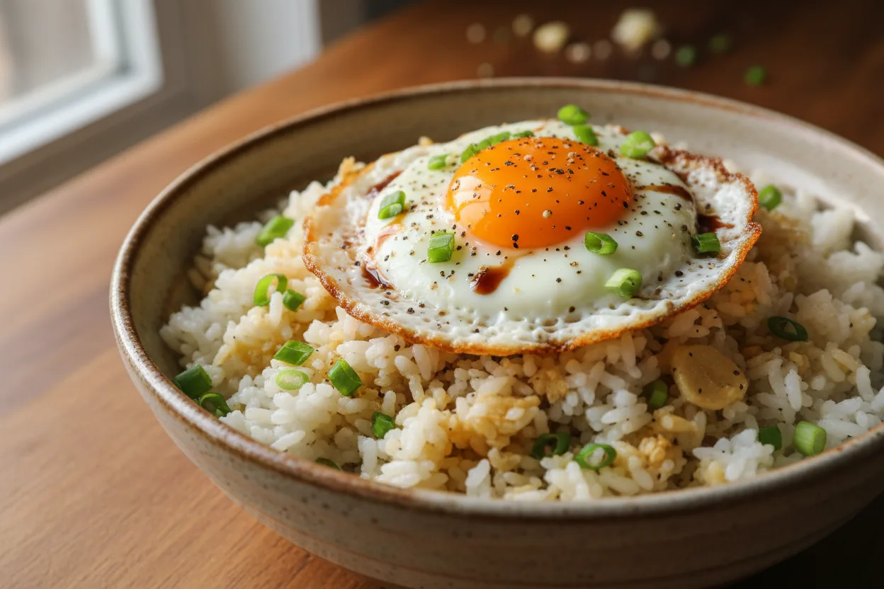 Garlic Butter Rice with Fried Egg — American recipe, finished and plated