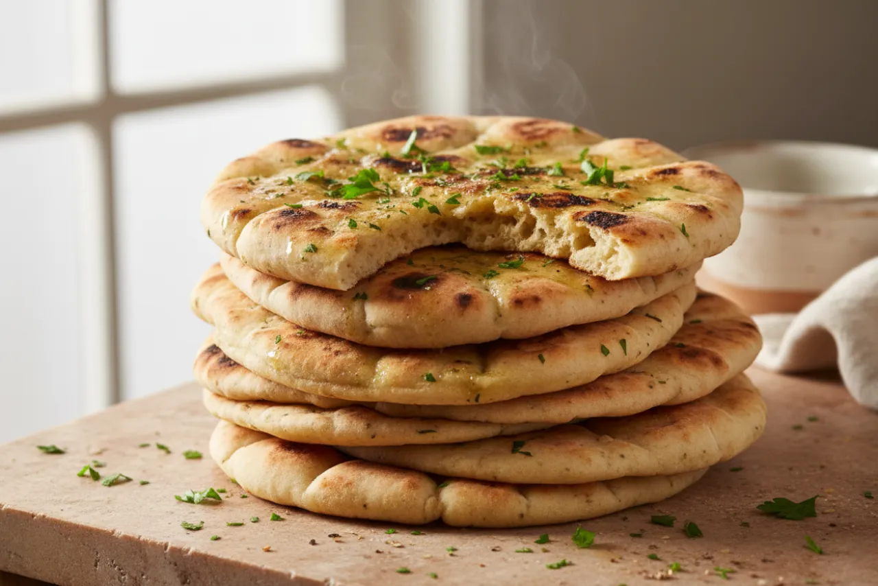 Garlic Butter Flatbread — Mediterranean recipe, finished and plated