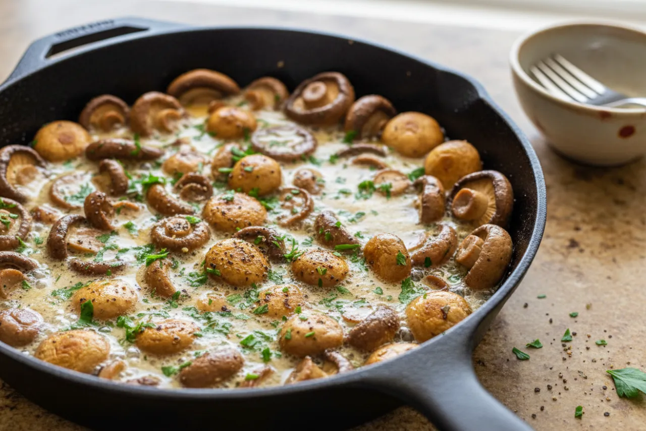 Garlic Butter Mushrooms — American recipe, finished and plated