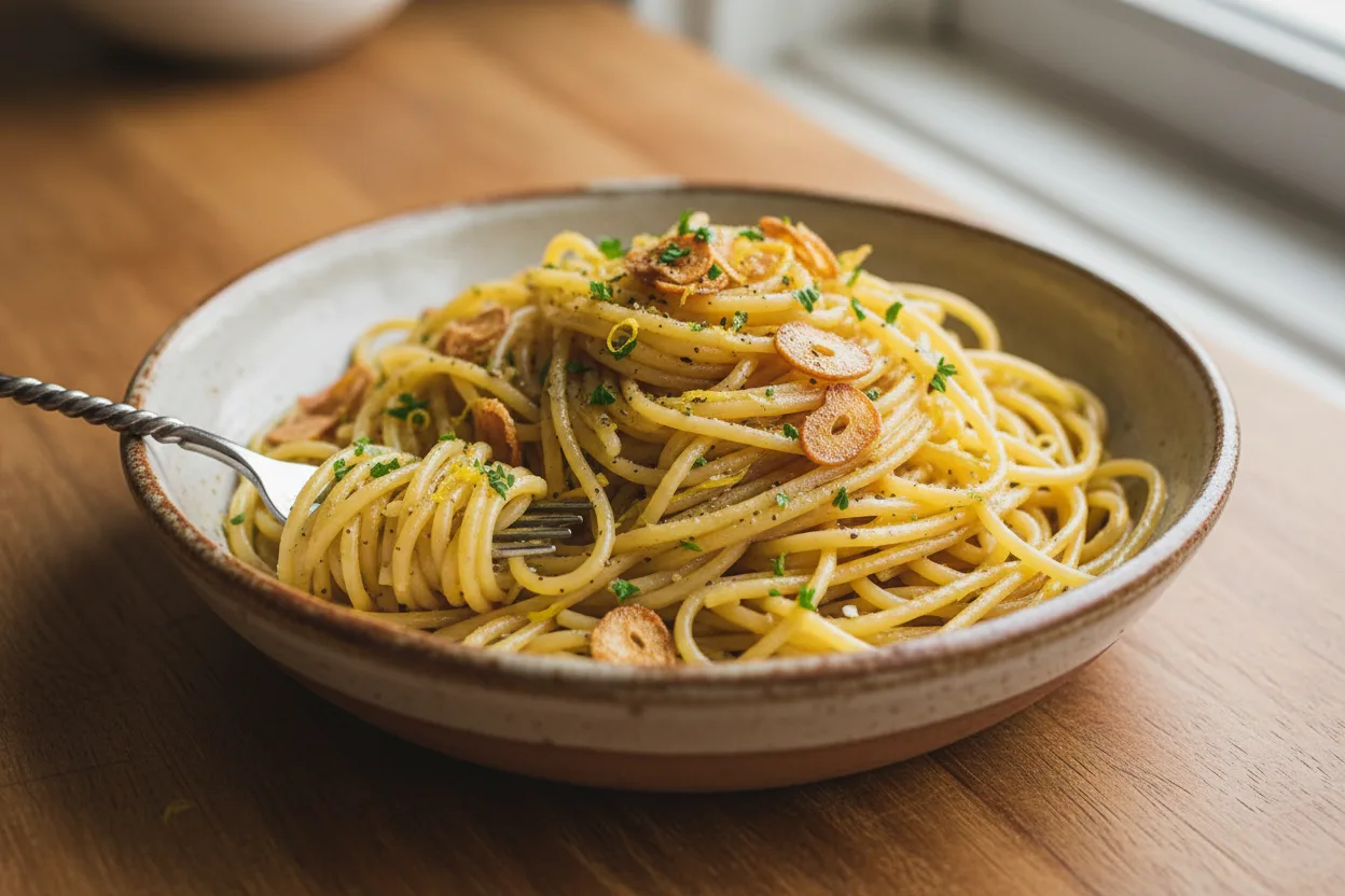 Pasta al Burro e Aglio — Italian recipe, finished and plated