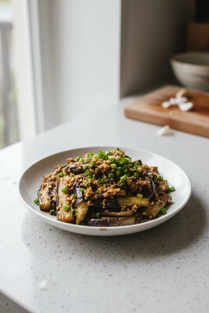 Cold Garlic Eggplant — Chinese recipe, finished and plated