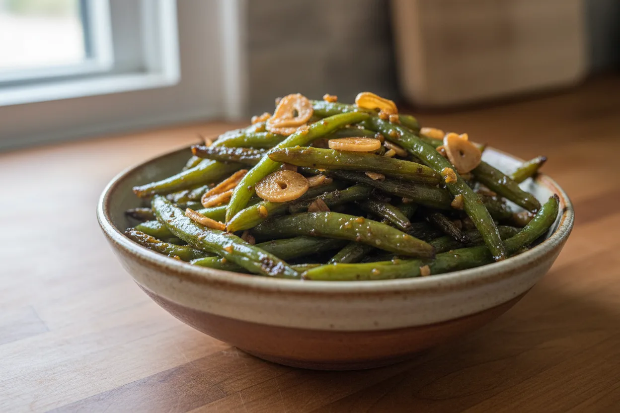 Stir-Fried Garlic Green Beans — a low-calorie dinner chinese recipe with about 2g of fiber