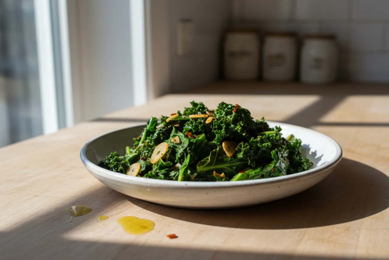 Olive Oil Garlicky Greens — Italian recipe, finished and plated