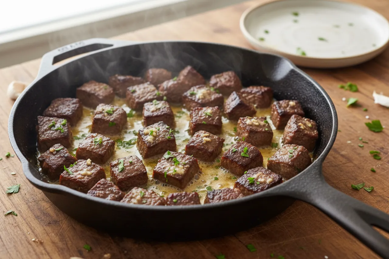 Garlic Butter Steak Bites — a dinner for two american recipe with about 1g of fiber