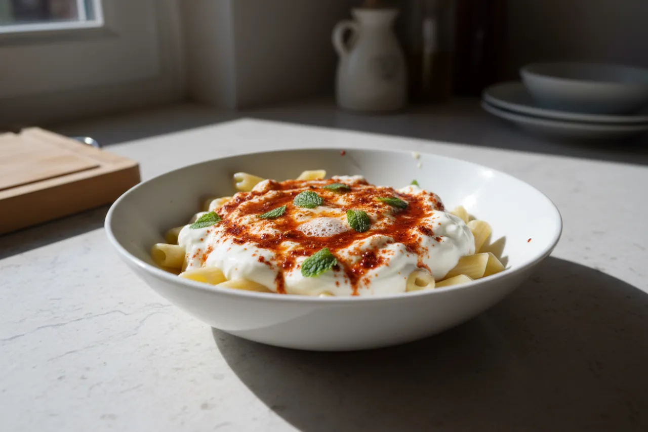 Garlic Yogurt Pasta — a pantry middle eastern recipe with about 4g of fiber