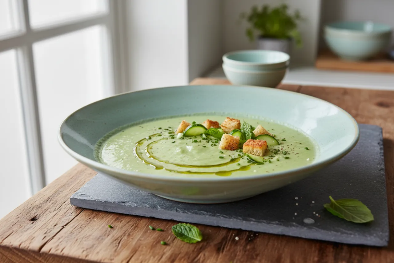 Green Gazpacho — Spanish recipe, finished and plated