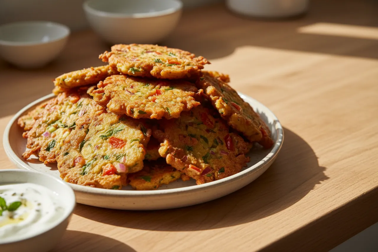 Domatokeftedes — Greek recipe, finished and plated